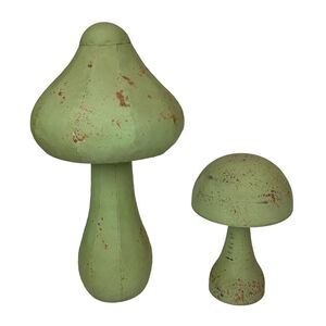 Set of 2 Green Metal Mushrooms, Indoor Outdoor Rustic Garden Decor, 9” & 16”